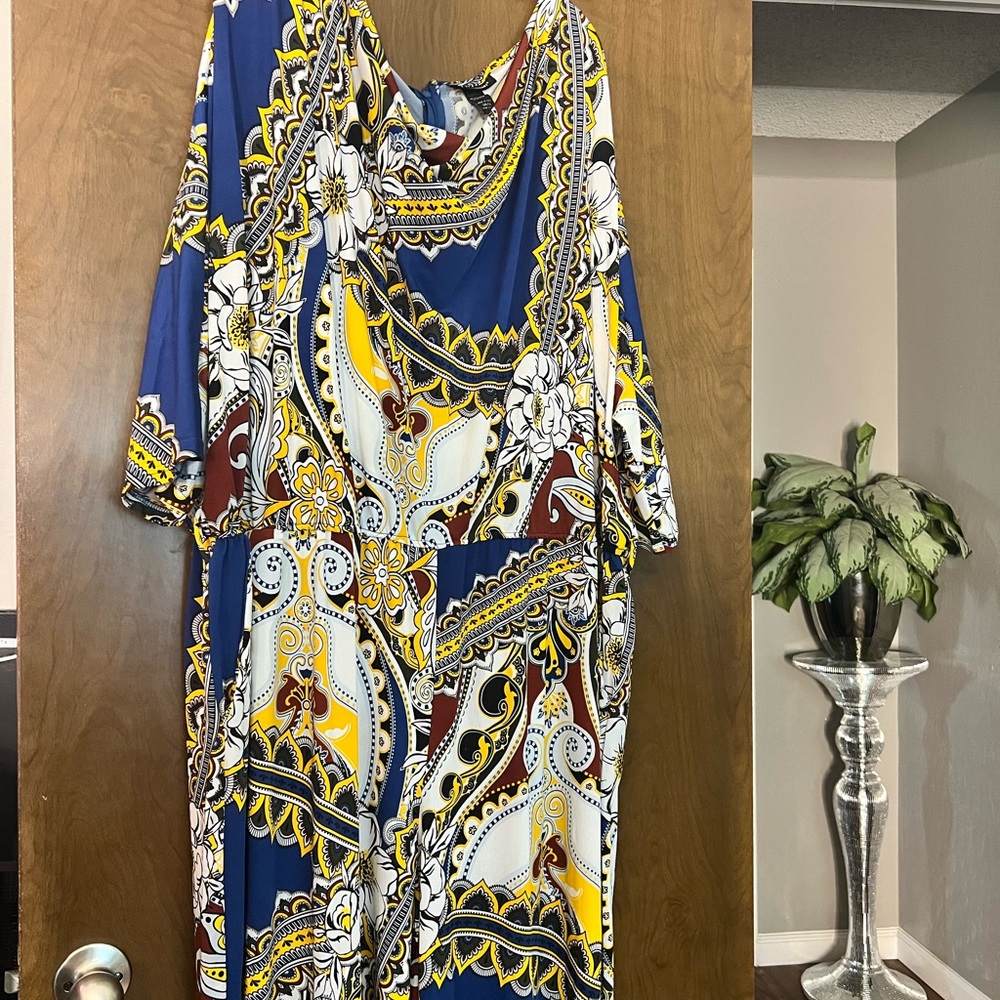 Ashley Stewart Blue and Yellow Dolman Sleeve Maxi Dress